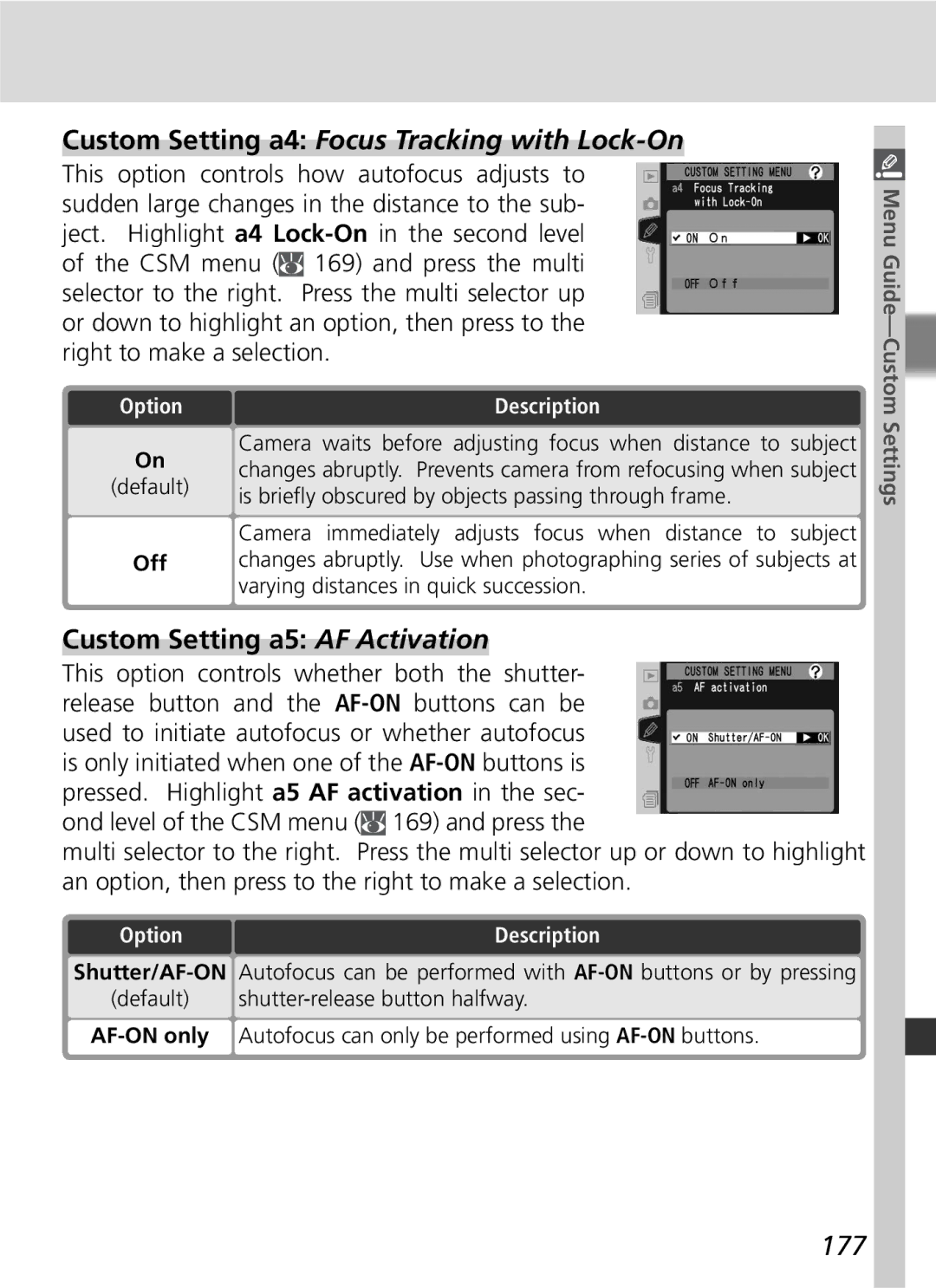 Nikon D2Hs manual Custom Setting a4 Focus Tracking with Lock-On, Custom Setting a5 AF Activation, 177 