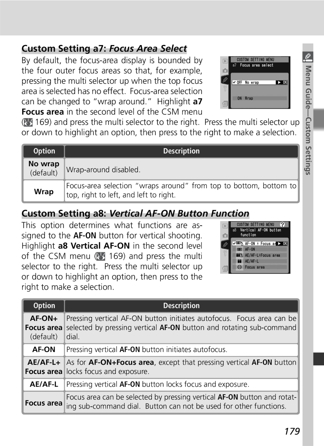 Nikon D2Hs manual Custom Setting a7 Focus Area Select, Custom Setting a8 Vertical AF-ON Button Function, 179 