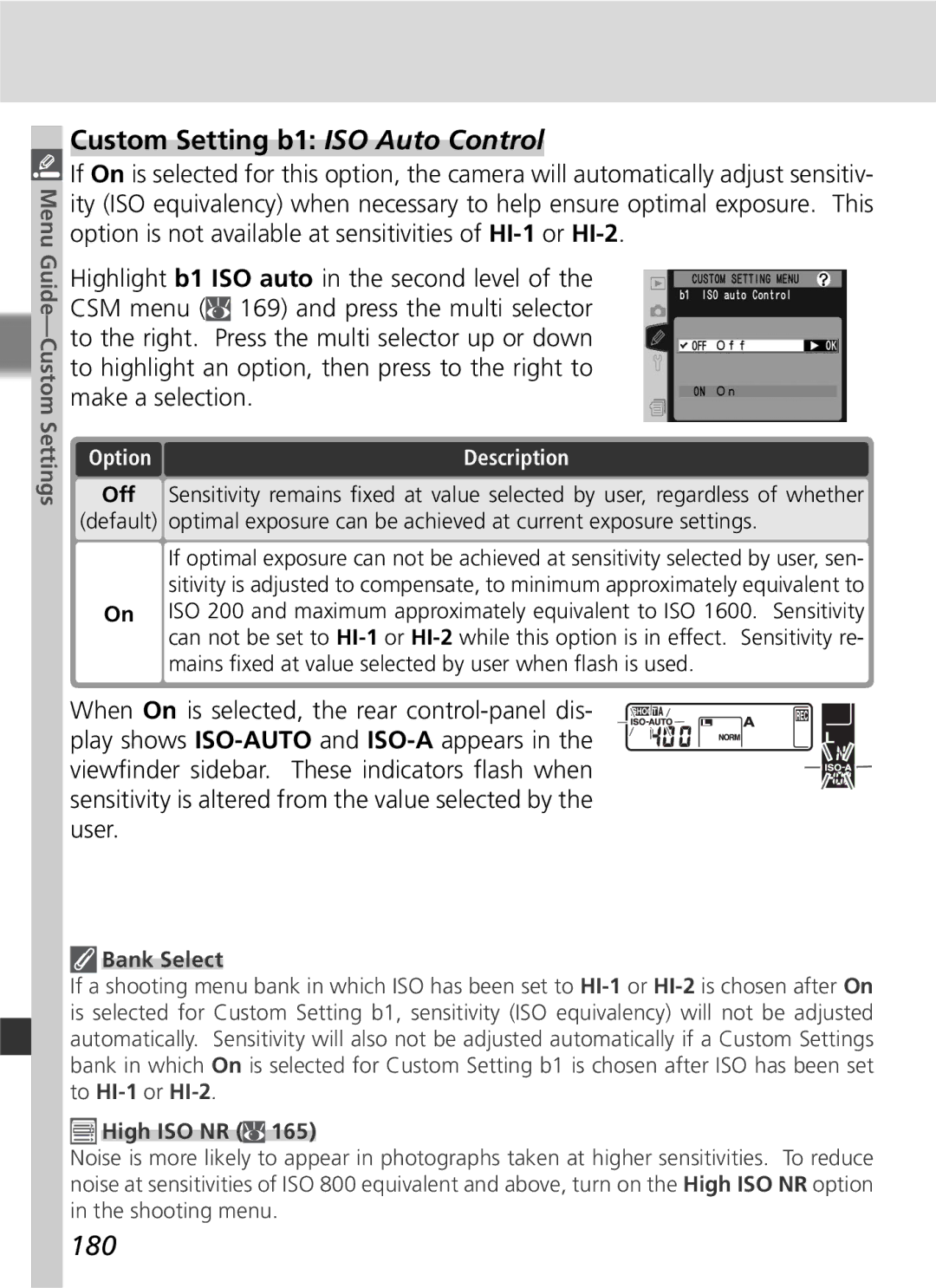 Nikon D2Hs manual Custom Setting b1 ISO Auto Control, 180, Bank Select 