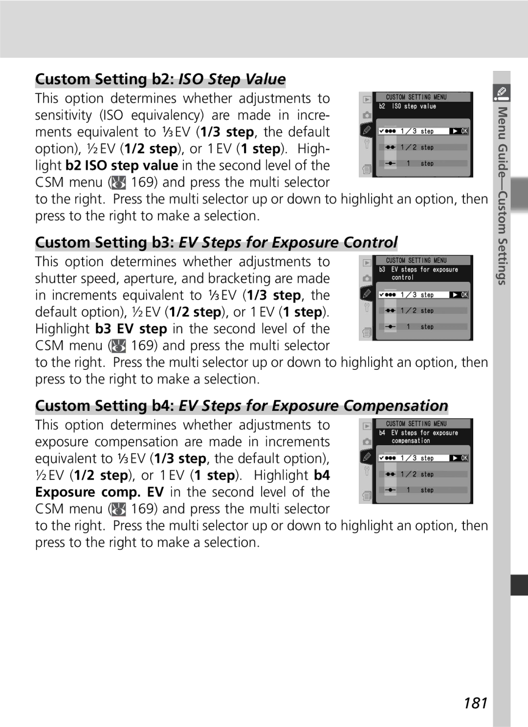 Nikon D2Hs manual Custom Setting b2 ISO Step Value, Custom Setting b3 EV Steps for Exposure Control, 181, EV 1/3 step 