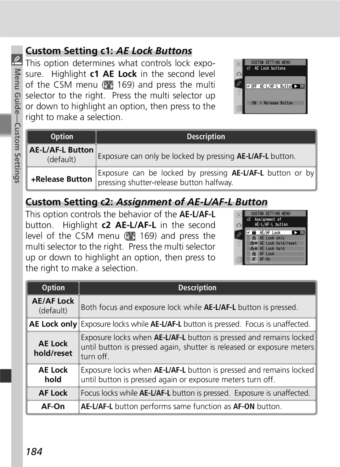 Nikon D2Hs manual Custom Setting c1 AE Lock Buttons, Custom Setting c2 Assignment of AE-L/AF-L Button, 184 