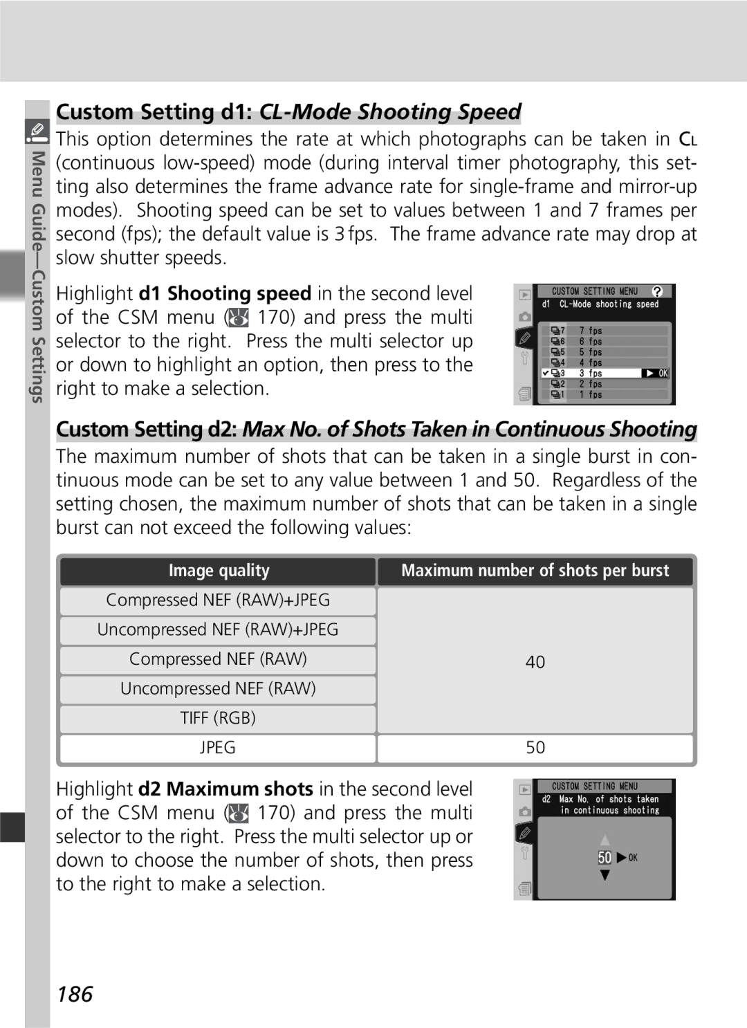 Nikon D2Hs manual Custom Setting d1 CL-Mode Shooting Speed, 186 