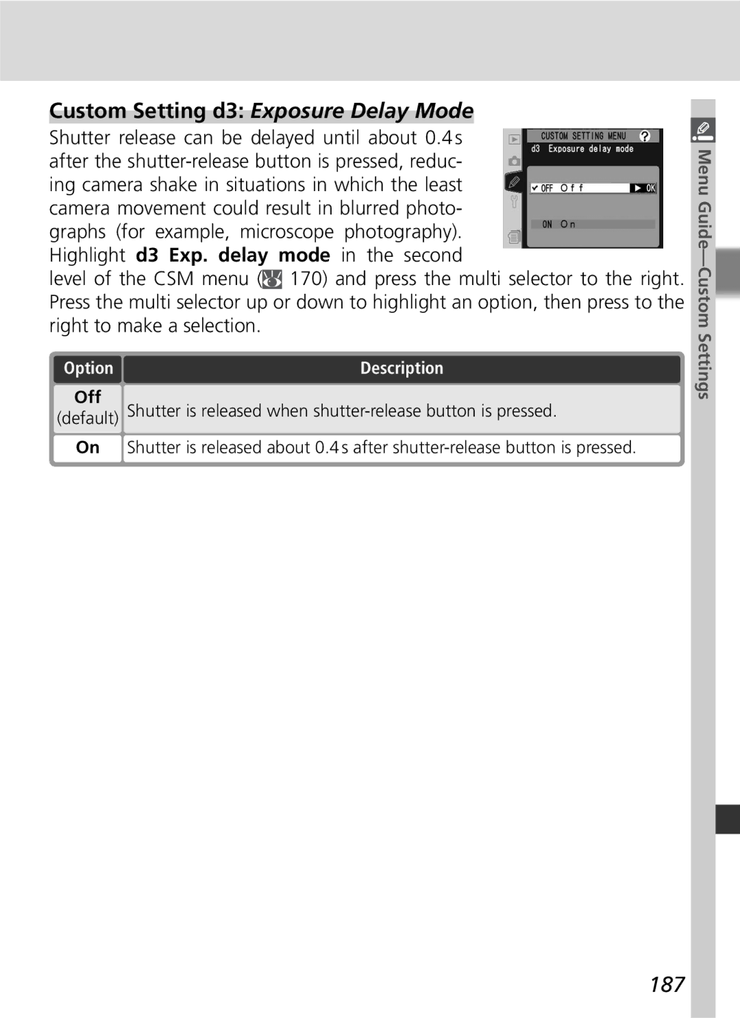 Nikon D2Hs manual Custom Setting d3 Exposure Delay Mode, 187 