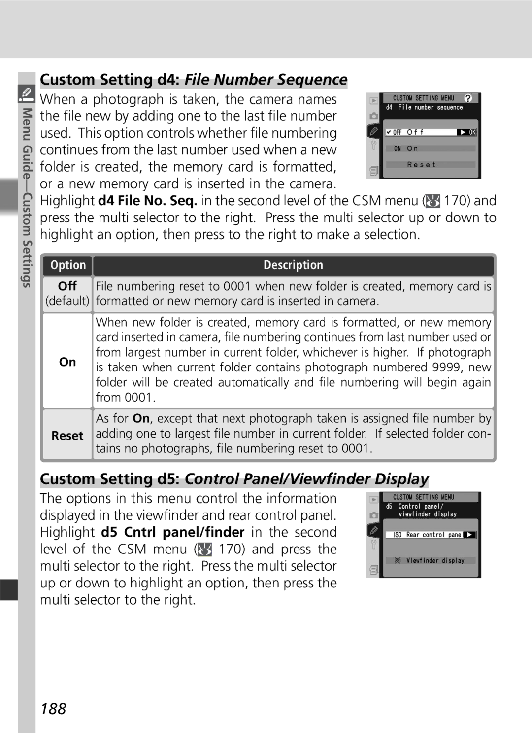 Nikon D2Hs manual Custom Setting d4 File Number Sequence, Custom Setting d5 Control Panel/Viewﬁnder Display, 188 