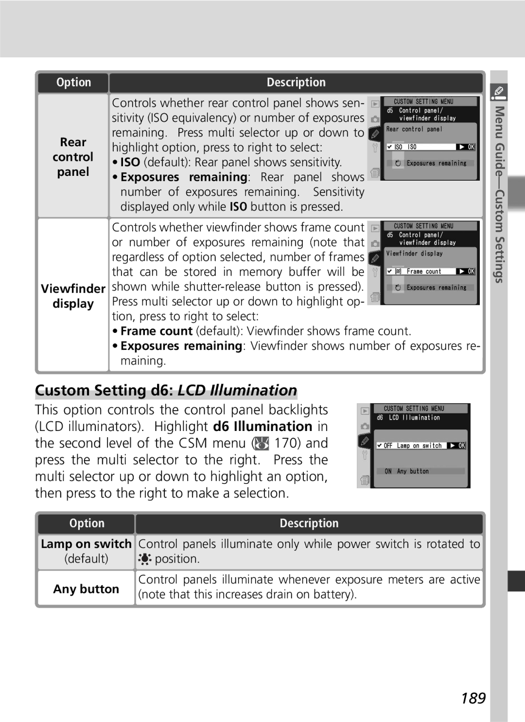 Nikon D2Hs manual Custom Setting d6 LCD Illumination, 189, Exposures 