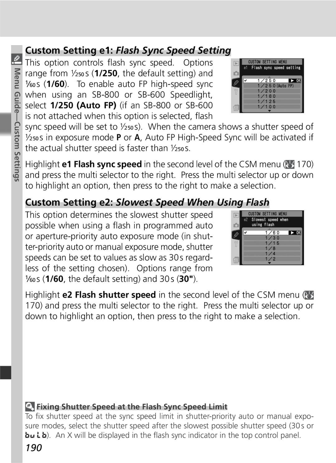 Nikon D2Hs manual Custom Setting e2 Slowest Speed When Using Flash, 190, Fixing Shutter Speed at the Flash Sync Speed Limit 