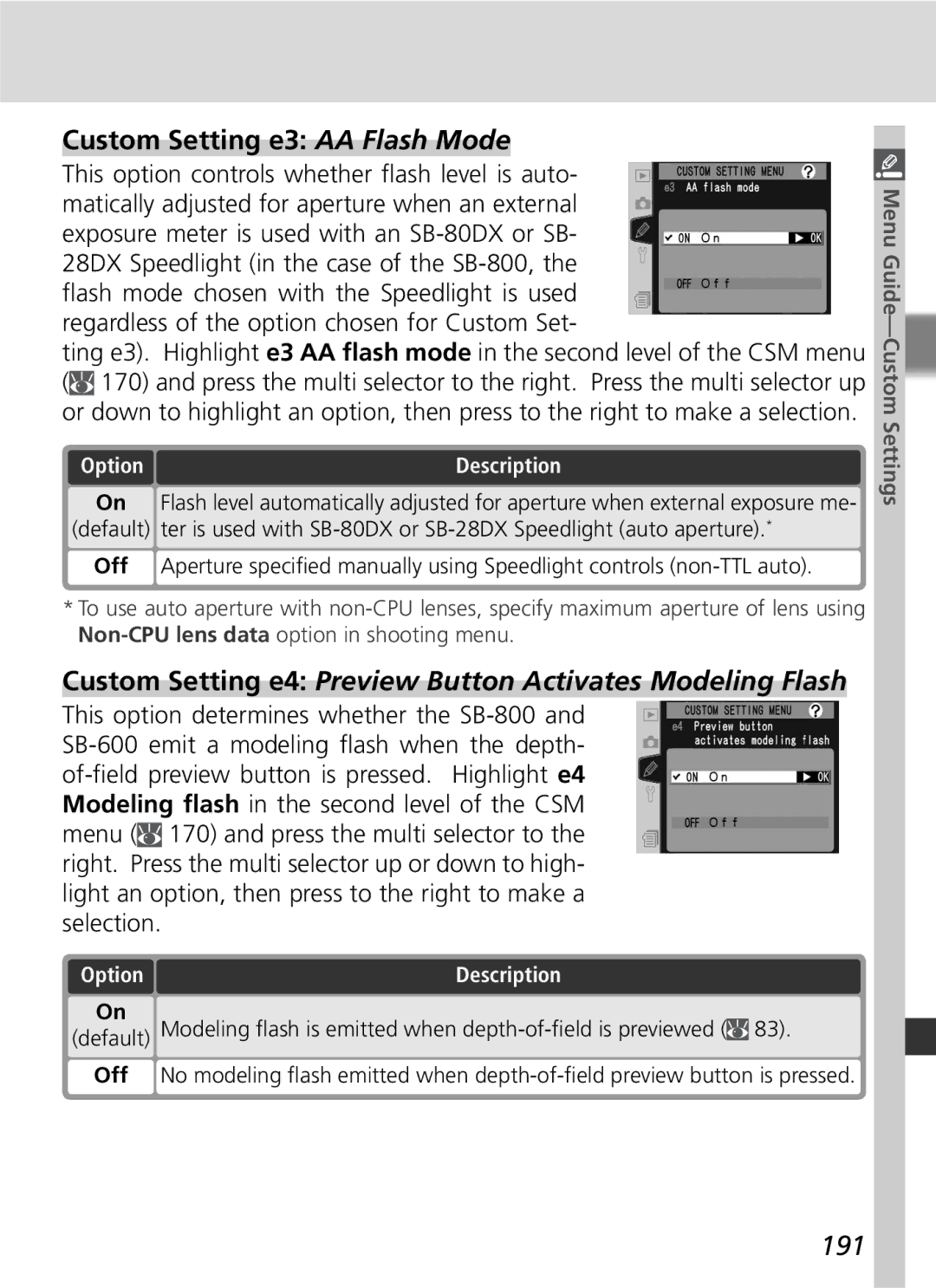 Nikon D2Hs manual Custom Setting e3 AA Flash Mode, Custom Setting e4 Preview Button Activates Modeling Flash, 191 