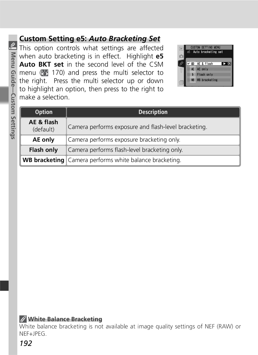 Nikon D2Hs manual Custom Setting e5 Auto Bracketing Set, 192 