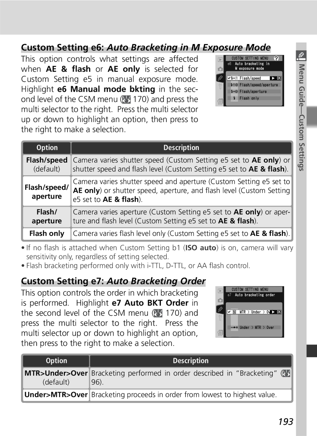 Nikon D2Hs manual Custom Setting e6 Auto Bracketing in M Exposure Mode, Custom Setting e7 Auto Bracketing Order, 193 