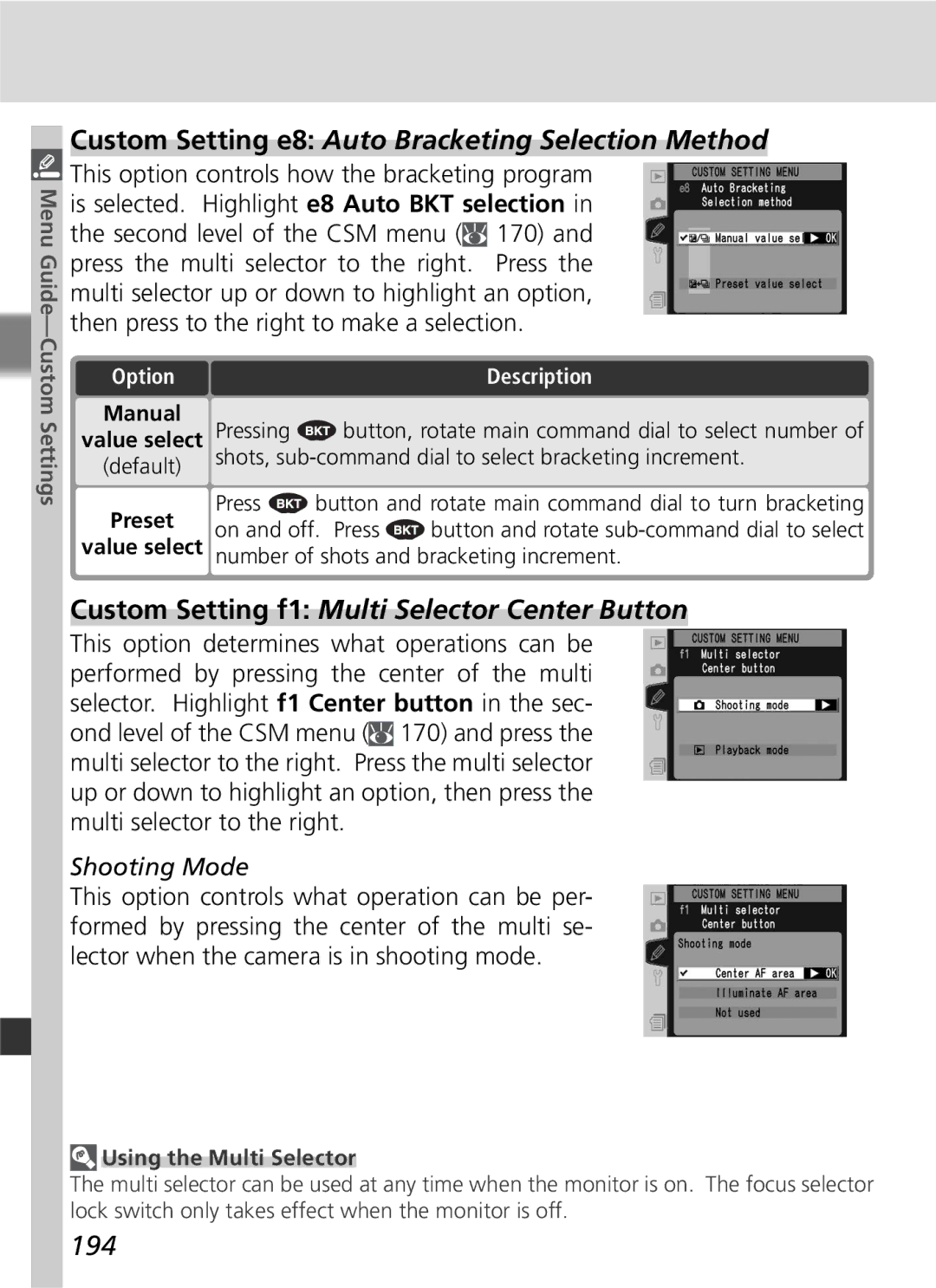 Nikon D2Hs manual Custom Setting e8 Auto Bracketing Selection Method, Custom Setting f1 Multi Selector Center Button, 194 