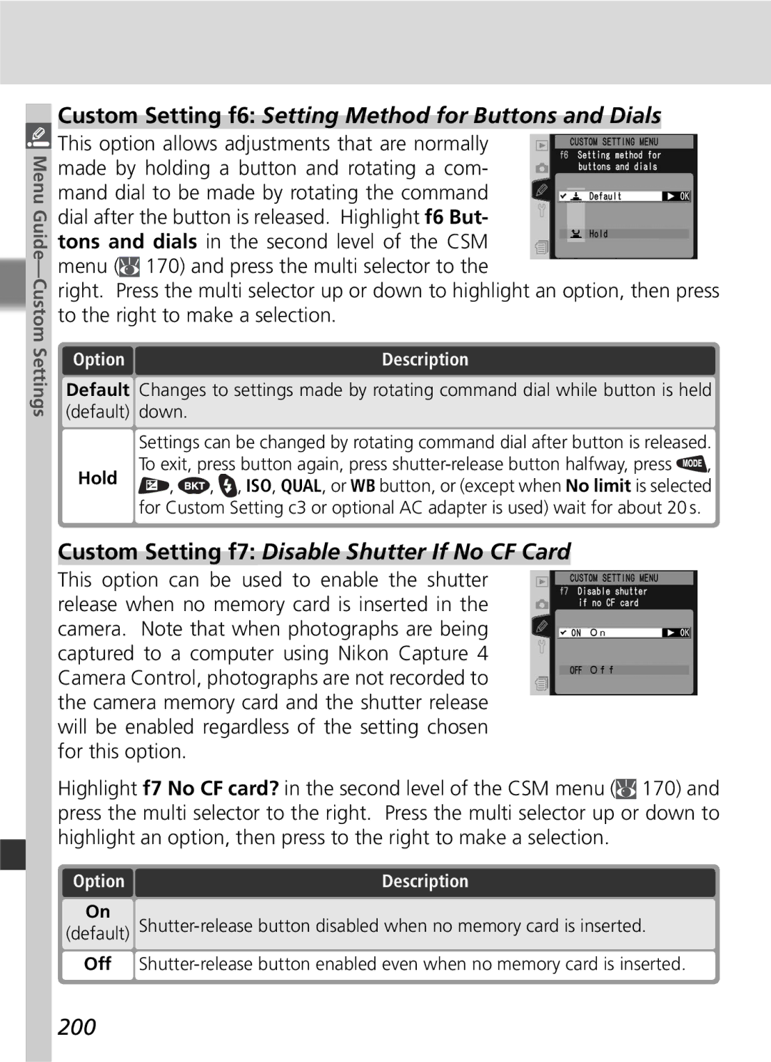 Nikon D2Hs Custom Setting f6 Setting Method for Buttons and Dials, Custom Setting f7 Disable Shutter If No CF Card, 200 