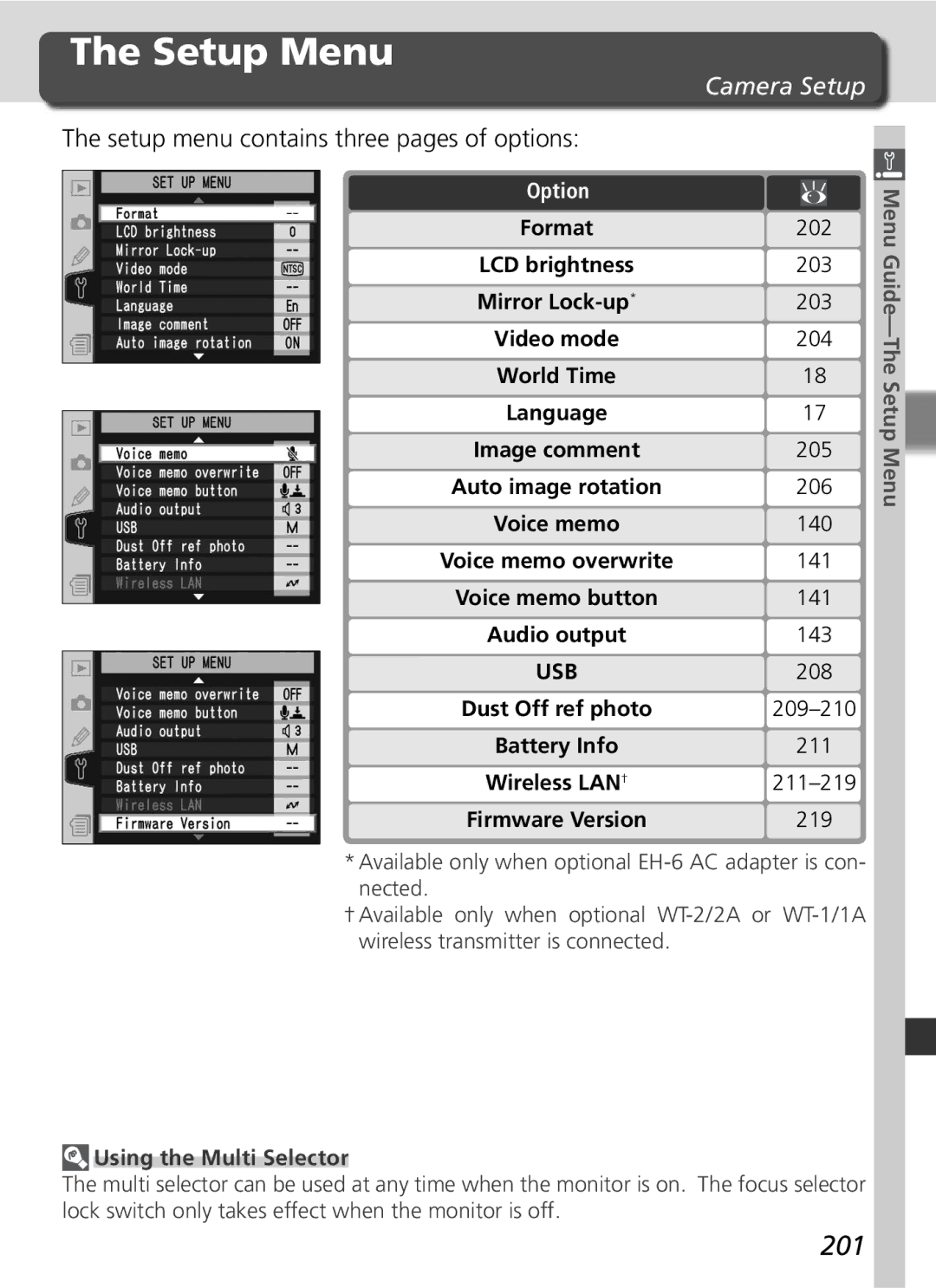 Nikon D2Hs Setup Menu, 201, Camera Setup, Setup menu contains three pages of options, 141 143 208 209-210 211 211-219 