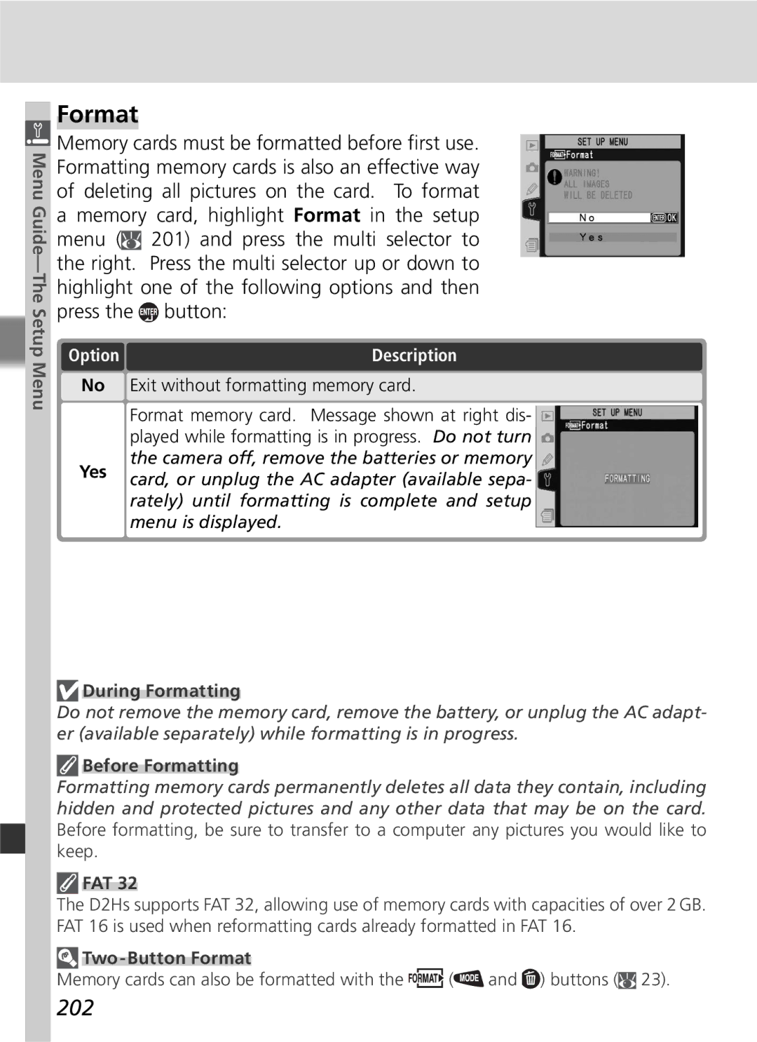 Nikon D2Hs manual Format, 202 