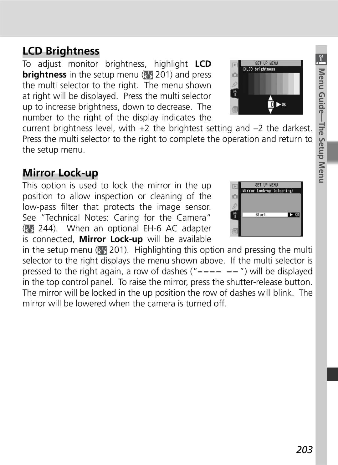 Nikon D2Hs manual LCD Brightness, Mirror Lock-up, 203 