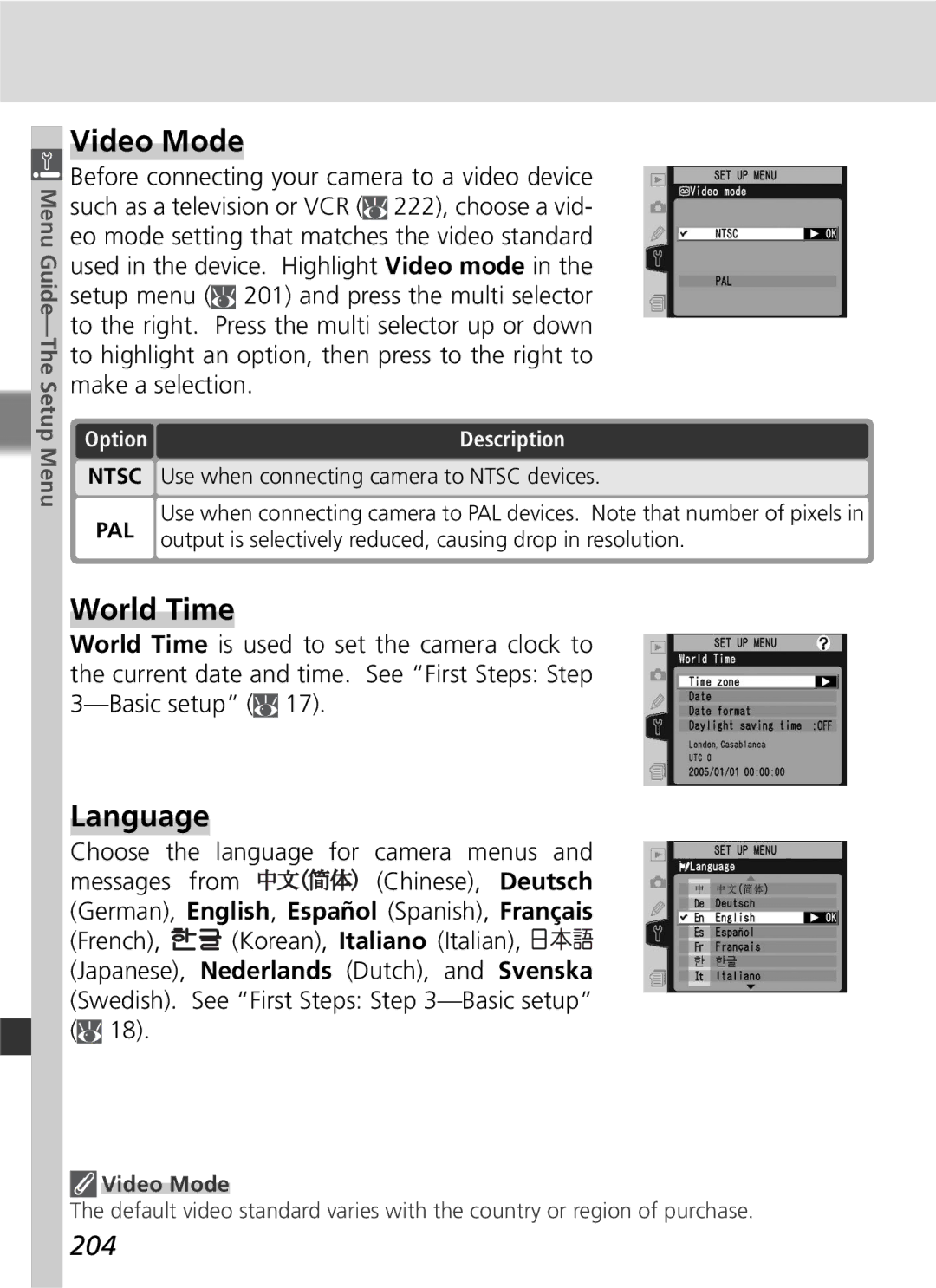 Nikon D2Hs manual Video Mode, World Time, Language, 204, Choose the language for camera menus 