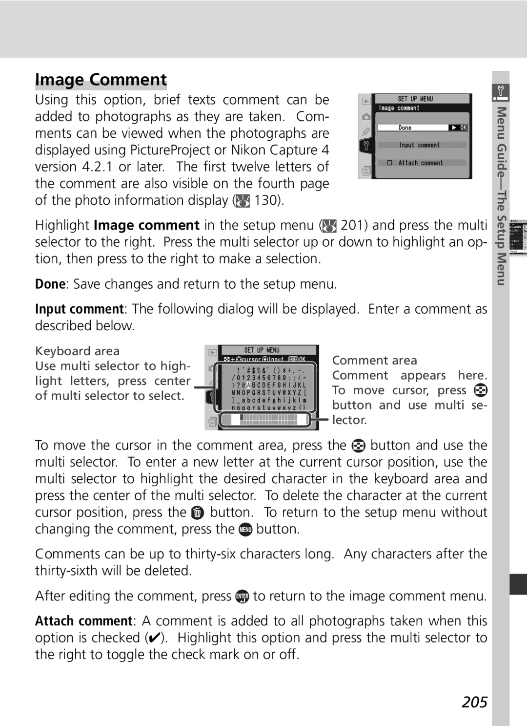 Nikon D2Hs manual Image Comment, 205 