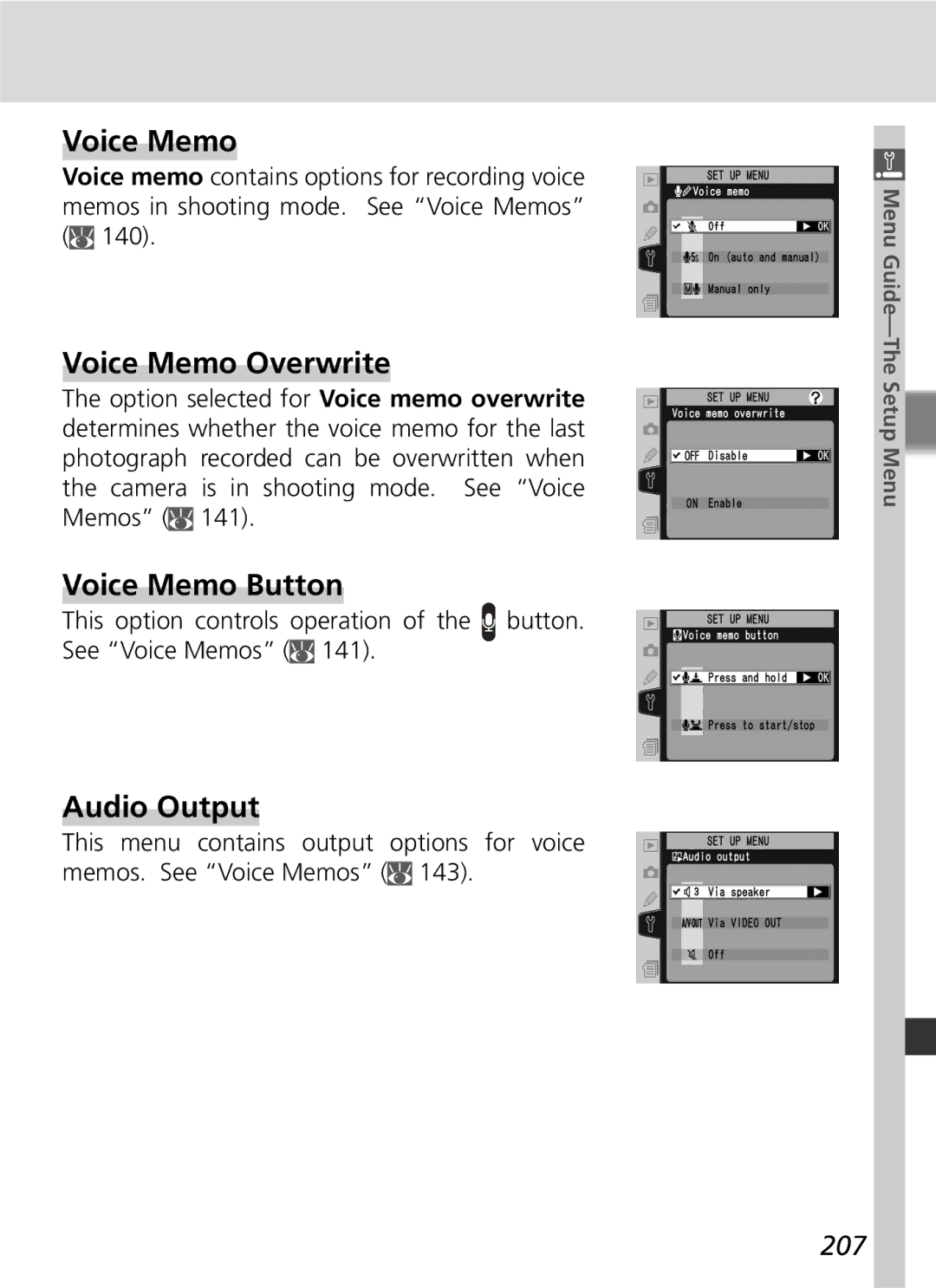 Nikon D2Hs manual Voice Memo Overwrite, Voice Memo Button, Audio Output, 207 