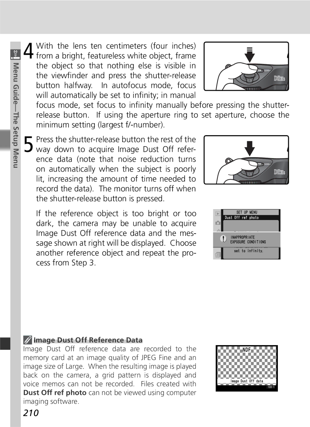 Nikon D2Hs manual 210, With the lens ten centimeters four inches, Image Dust Off Reference Data 