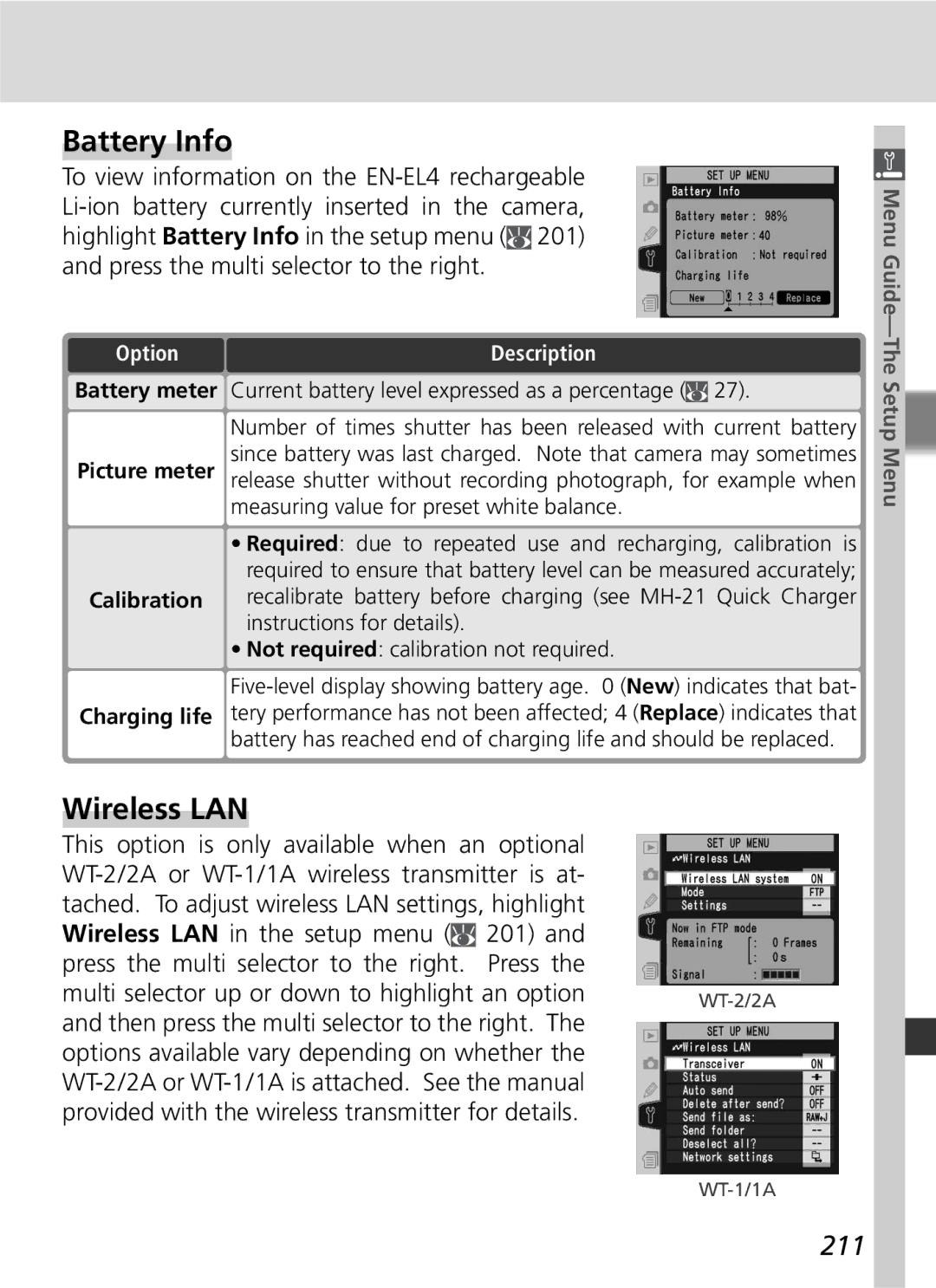 Nikon D2Hs manual Battery Info, Wireless LAN, 211, Calibration Charging life 