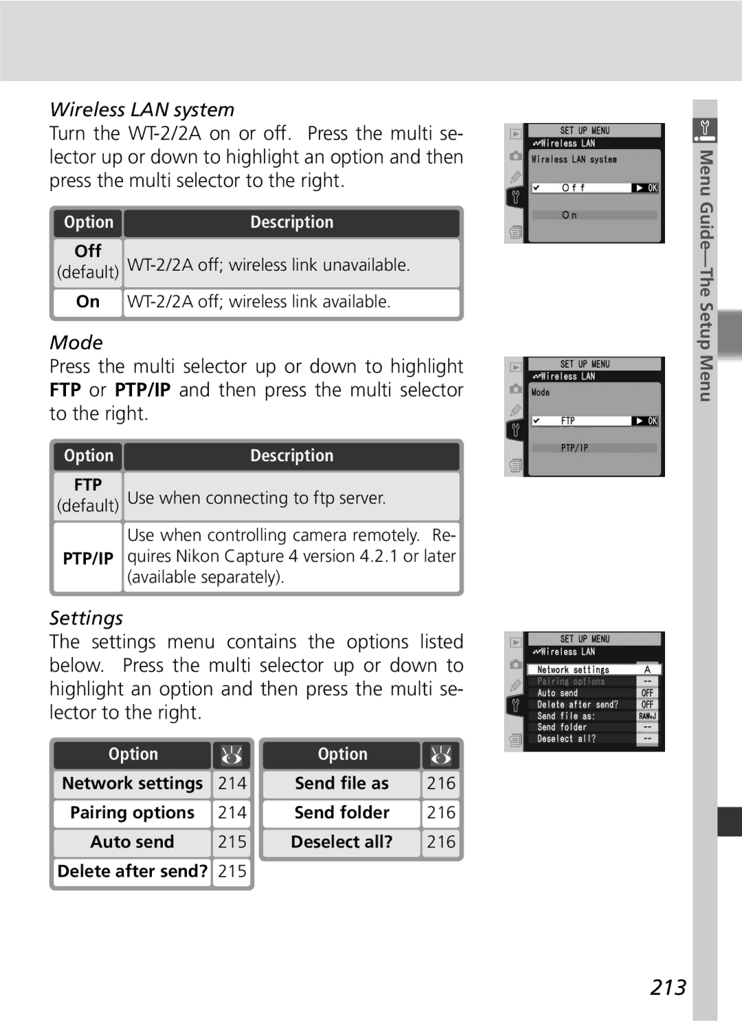 Nikon D2Hs manual 213, Wireless LAN system, Mode, Settings 