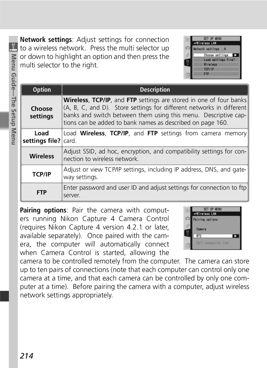 Nikon D2Hs manual 214, Multi selector to the right, Tions can be added to bank names as described on, Load, Wireless 