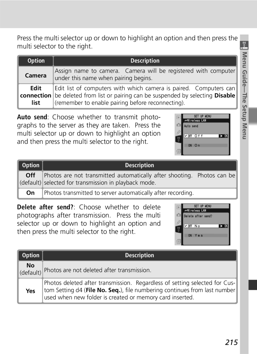 Nikon D2Hs manual 215, Under this name when pairing begins, Default Photos are not deleted after transmission 