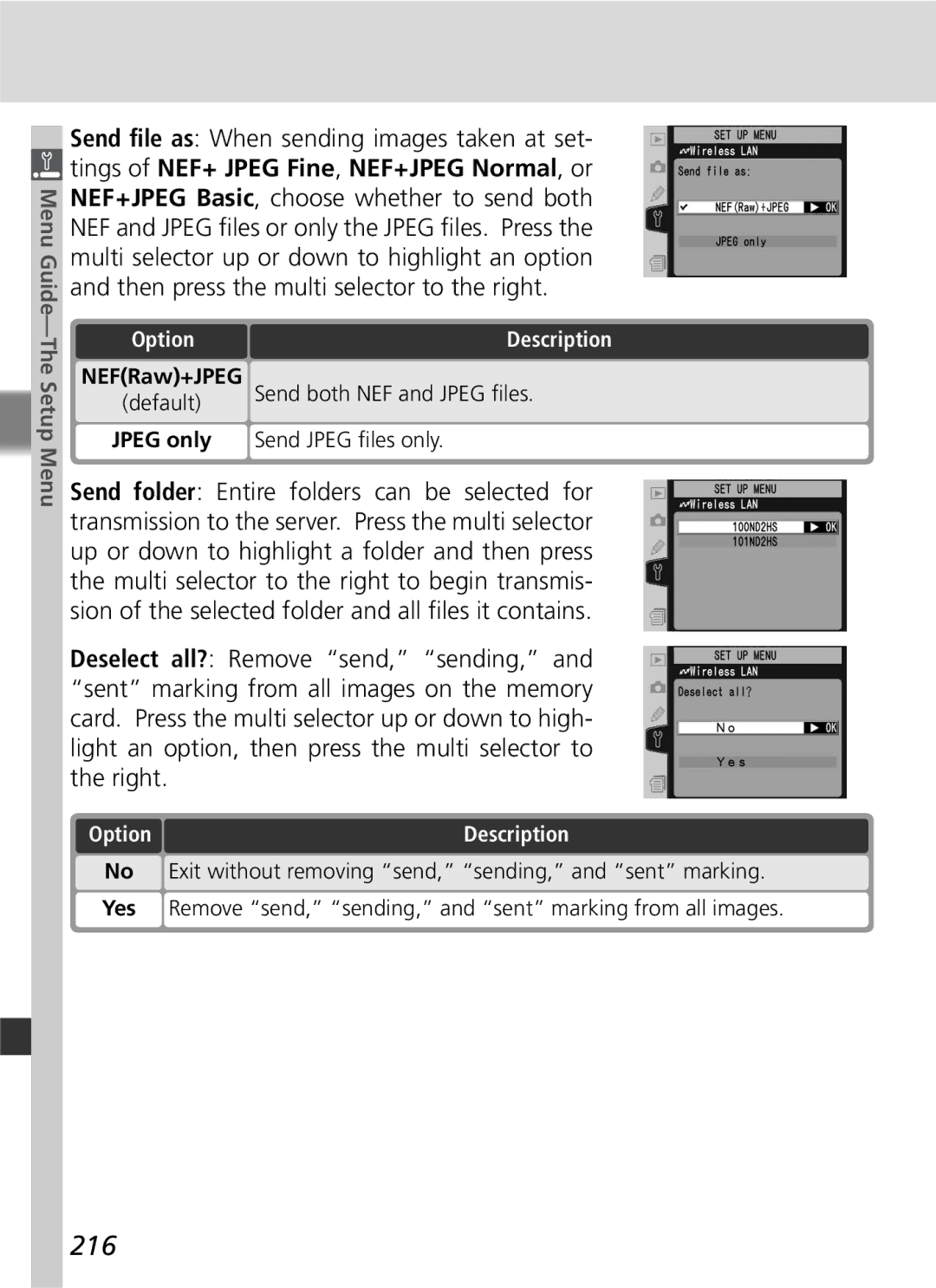 Nikon D2Hs manual 216, Send both NEF and Jpeg ﬁles 