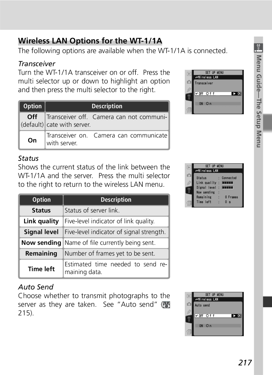 Nikon D2Hs manual Wireless LAN Options for the WT-1/1A, 217, Transceiver, Status, Auto Send 