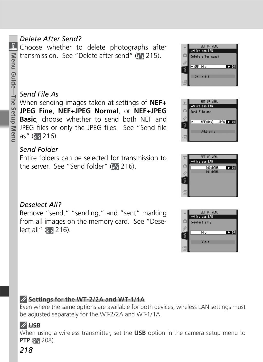 Nikon D2Hs manual 218, Delete After Send?, Send File As, Send Folder, Deselect All? 