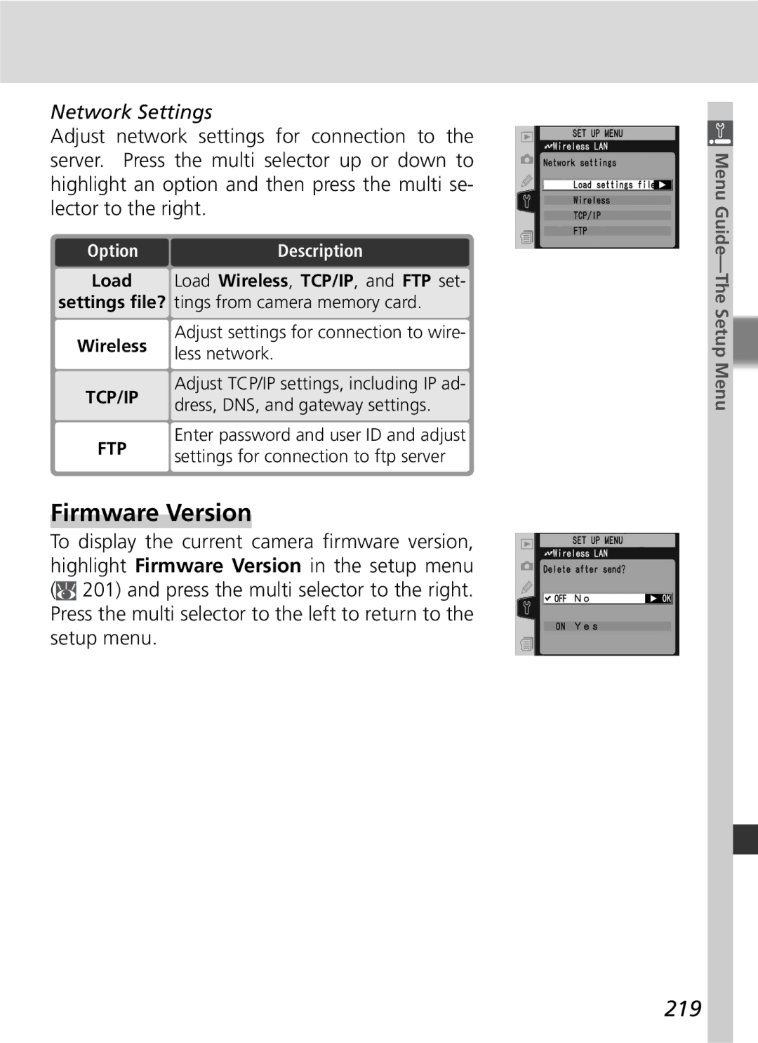 Nikon D2Hs manual Firmware Version, 219, Network Settings, Adjust settings for connection to wire- less network 