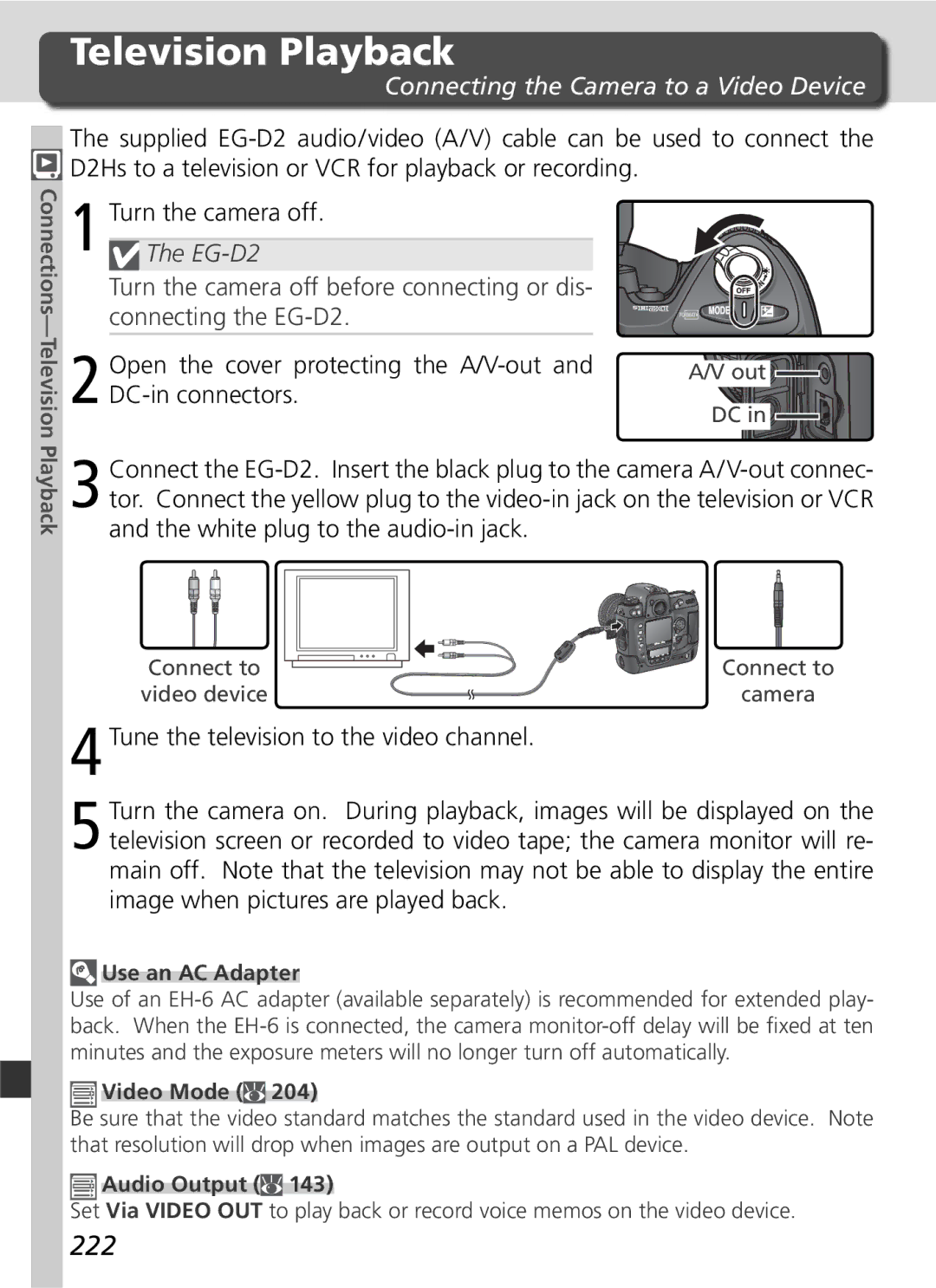 Nikon D2Hs manual 222, Open the cover protecting the A/V-out, DC-in connectors, Use an AC Adapter, Audio Output 