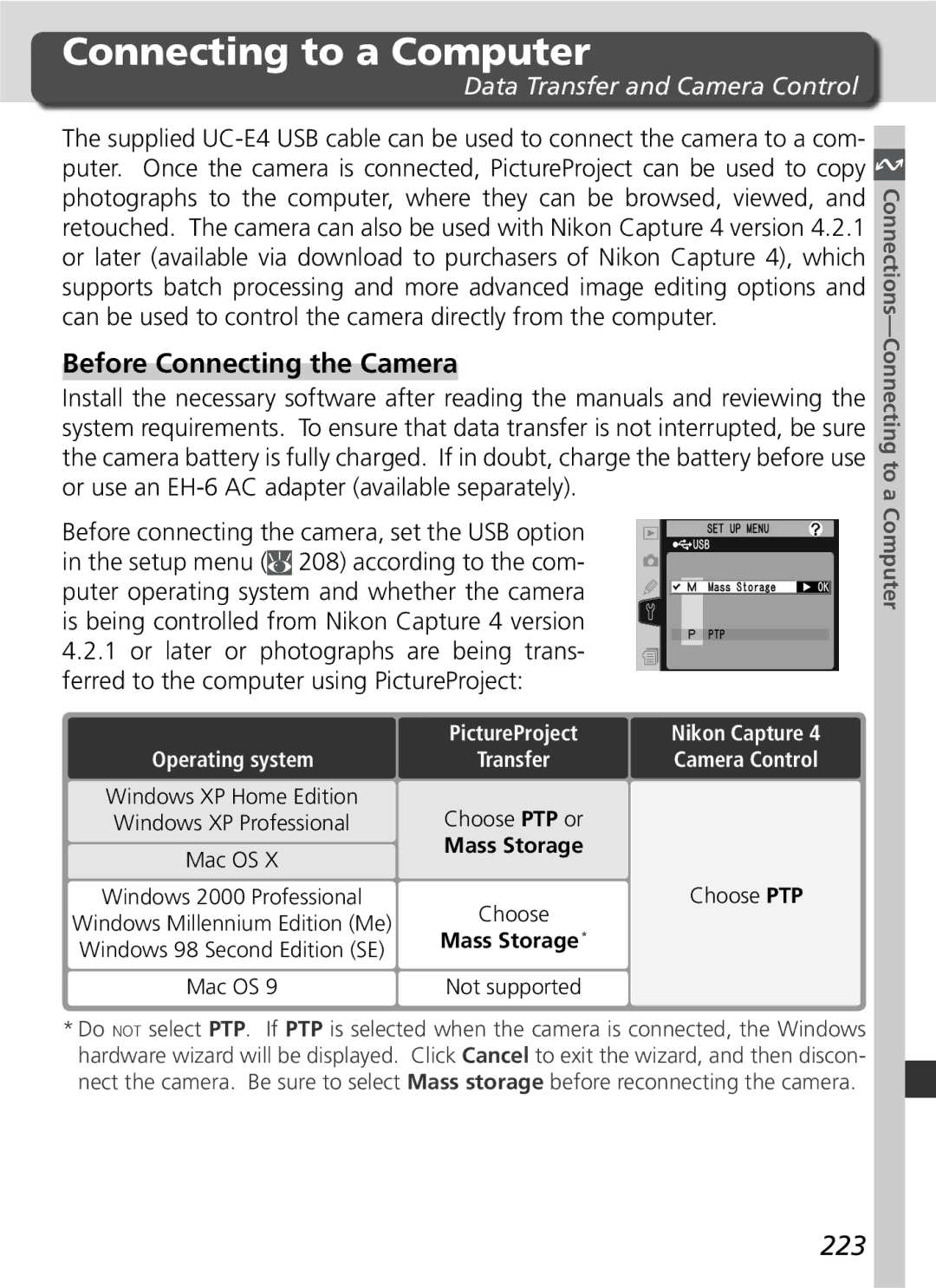 Nikon D2Hs manual Connecting to a Computer, Before Connecting the Camera, 223, Data Transfer and Camera Control 