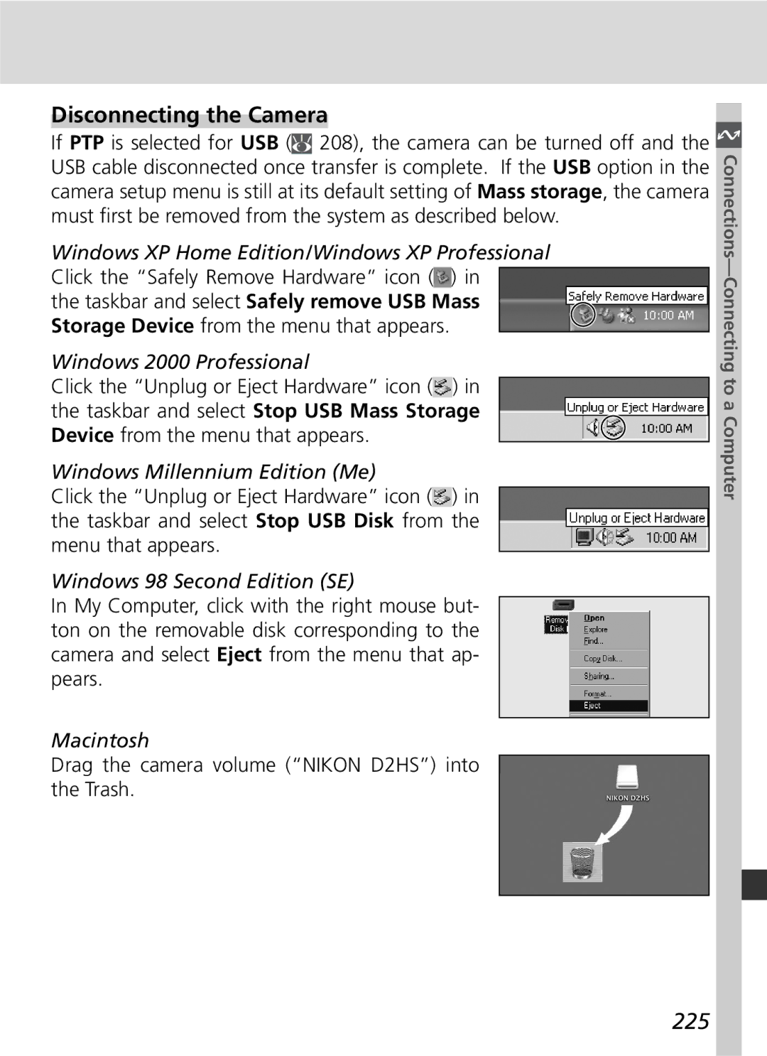 Nikon D2Hs manual Disconnecting the Camera, 225 