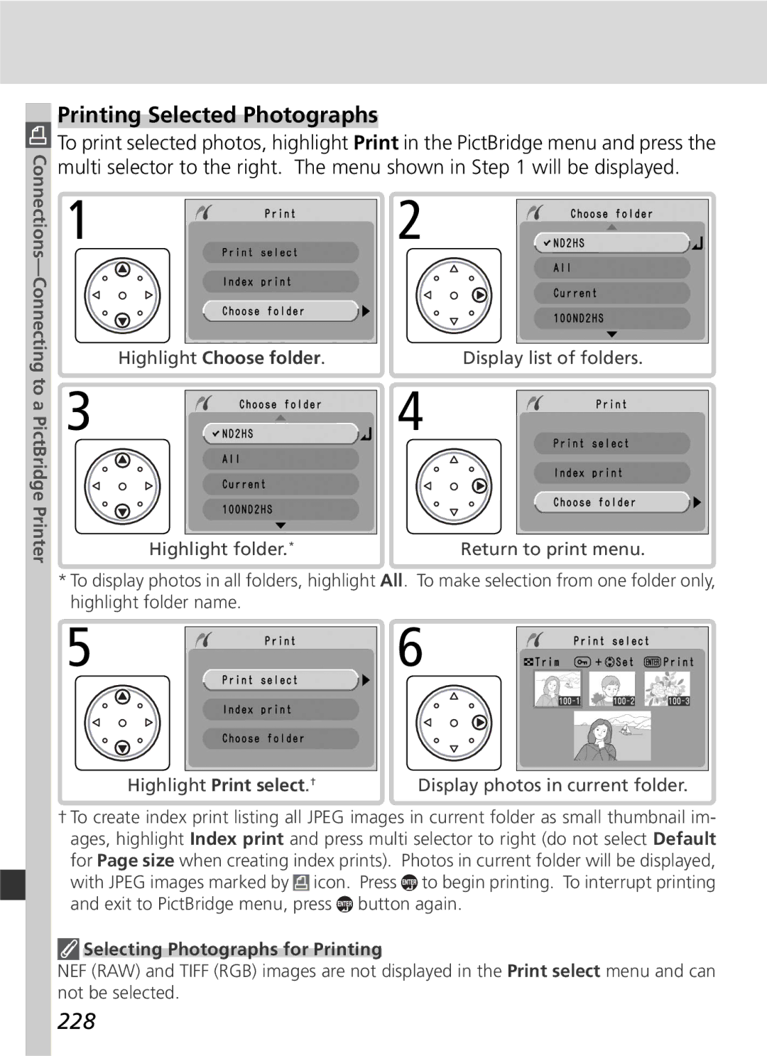 Nikon D2Hs manual Printing Selected Photographs, 228, Highlight Choose folder, Highlight Print select . † 