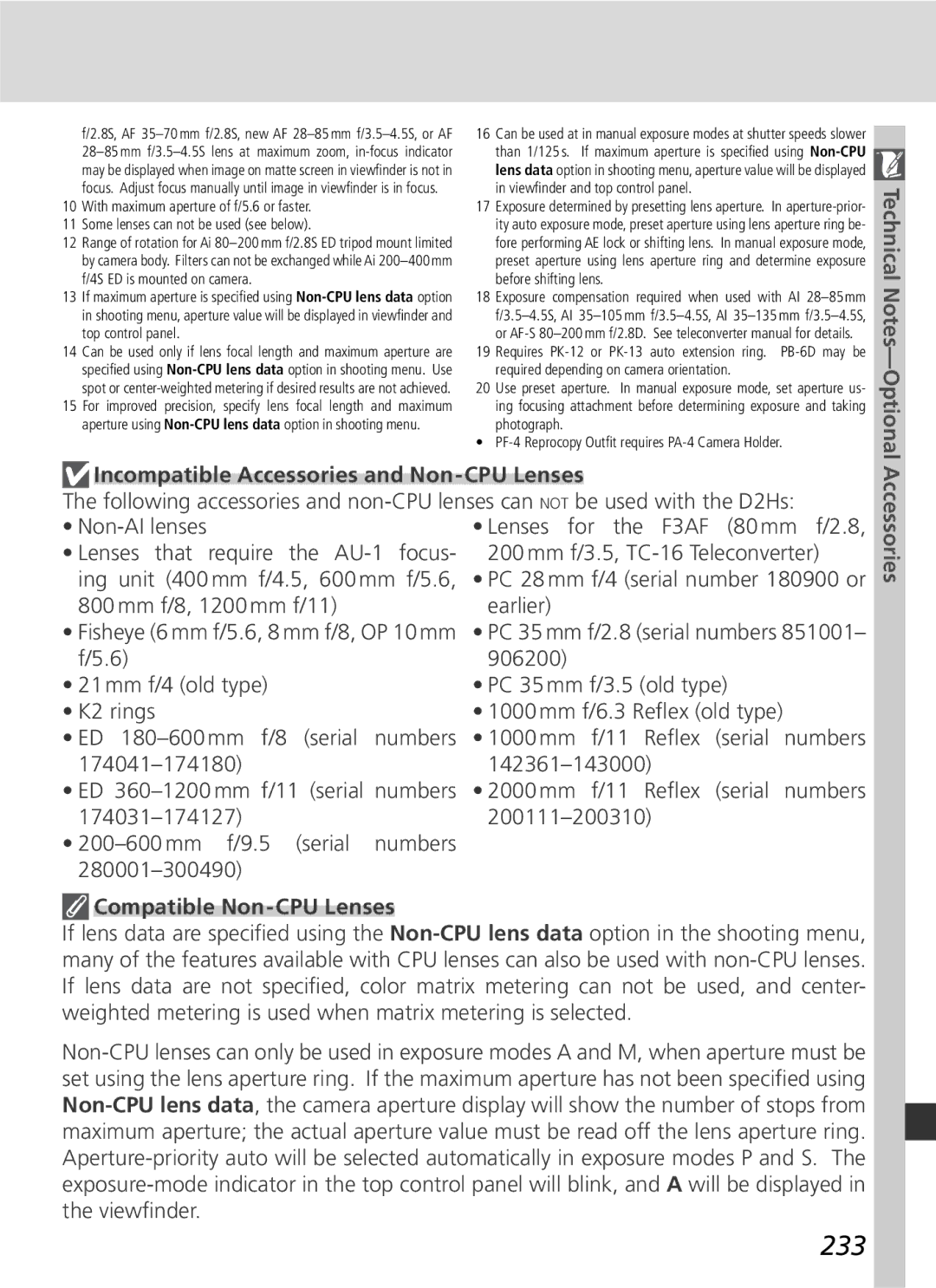 Nikon D2Hs manual 233, Incompatible Accessories and Non-CPU Lenses, Compatible Non-CPU Lenses 