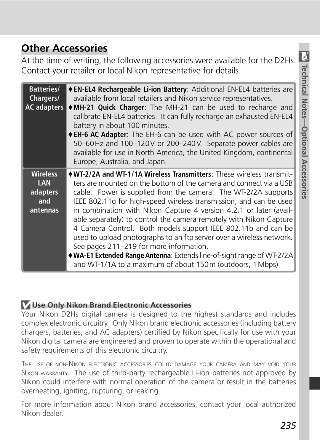Nikon D2Hs manual Other Accessories, 235, Use Only Nikon Brand Electronic Accessories 