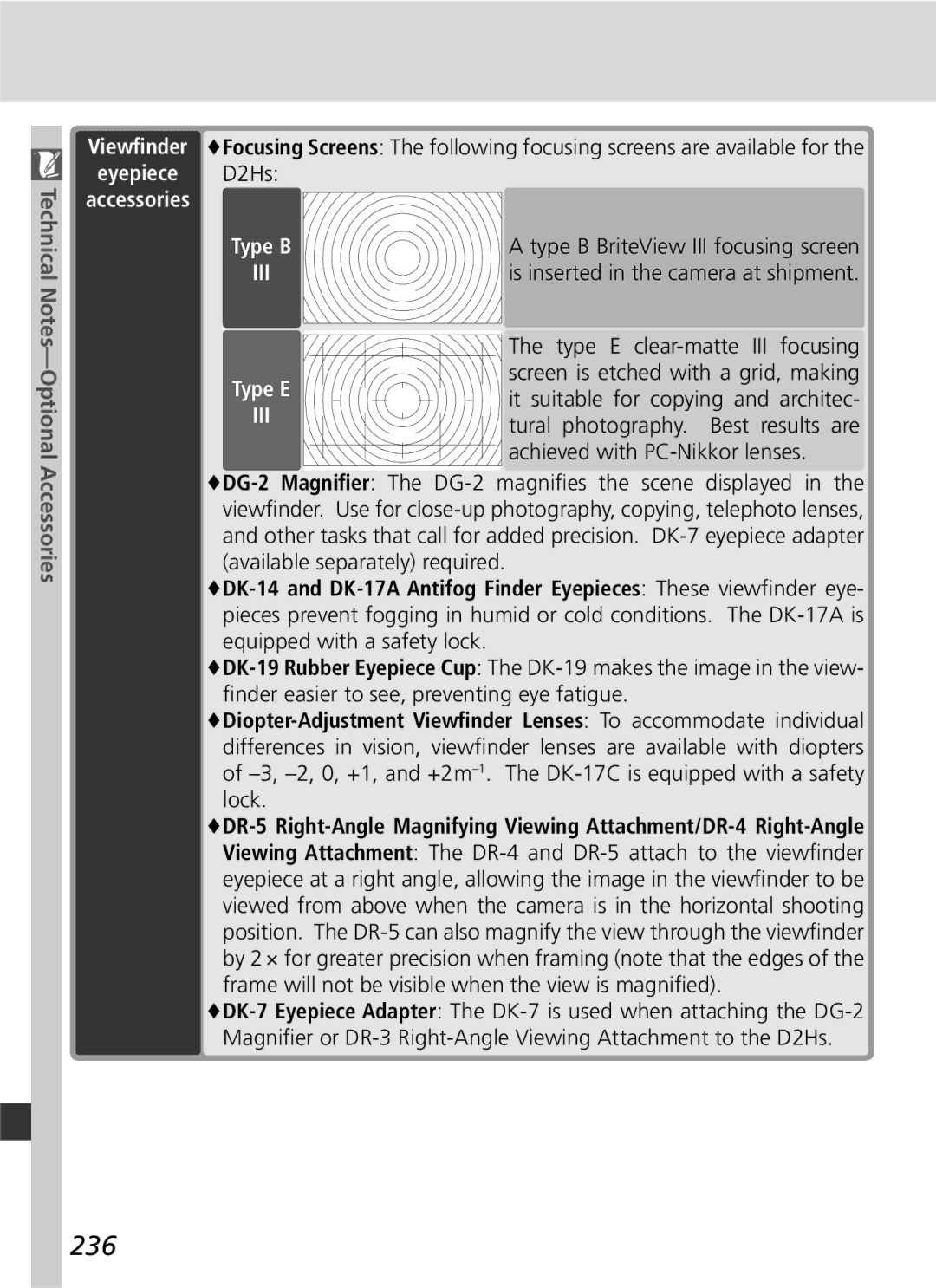 Nikon manual 236, Eyepiece D2Hs accessories 