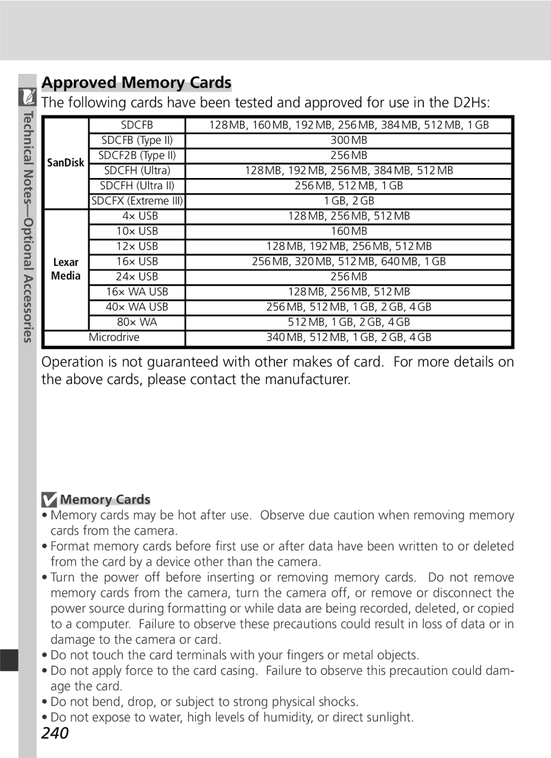 Nikon D2Hs manual Approved Memory Cards, 240 