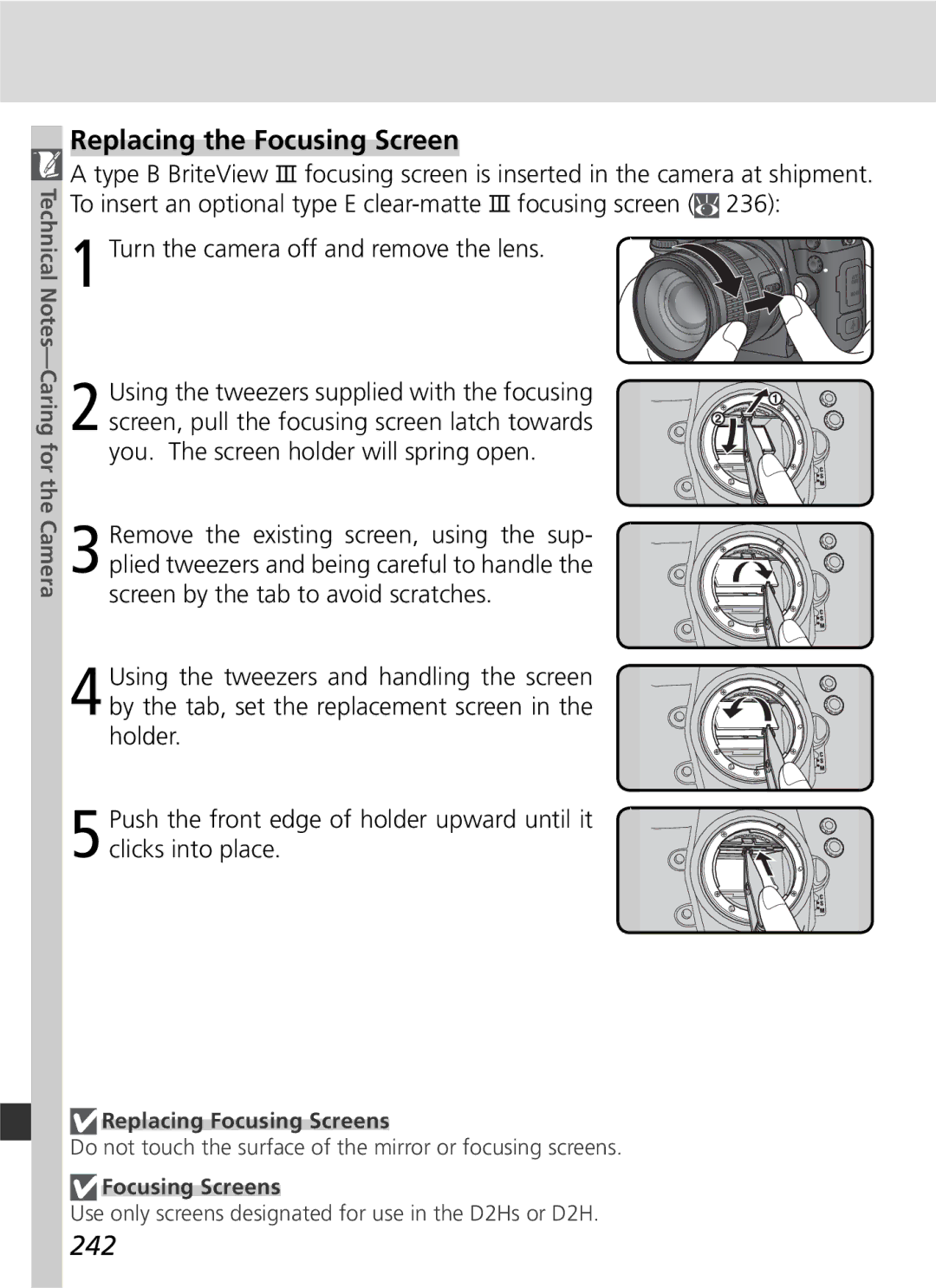 Nikon D2Hs manual Replacing the Focusing Screen, 242, Turn the camera off and remove the lens, Replacing Focusing Screens 