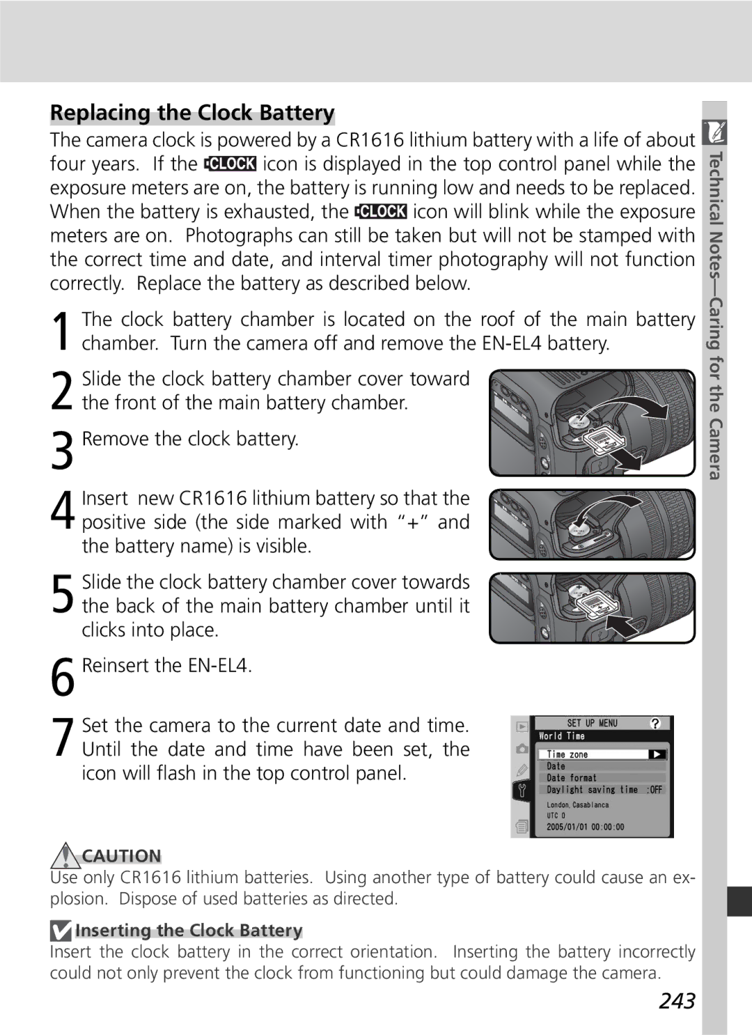 Nikon D2Hs manual Replacing the Clock Battery, 243, Inserting the Clock Battery 