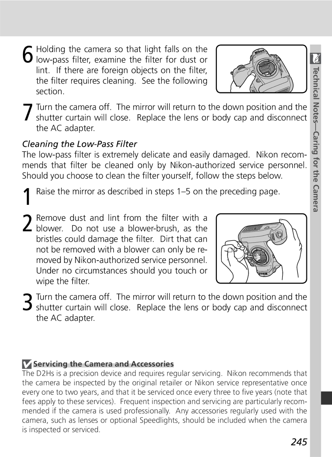 Nikon D2Hs manual 245, Cleaning the Low-Pass Filter, Servicing the Camera and Accessories 