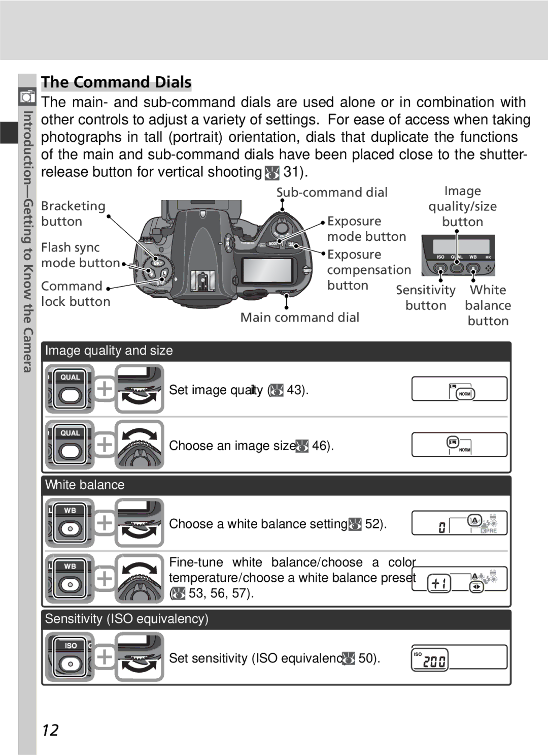 Nikon D2Hs manual Command Dials, Image quality and size, White balance, Sensitivity ISO equivalency 