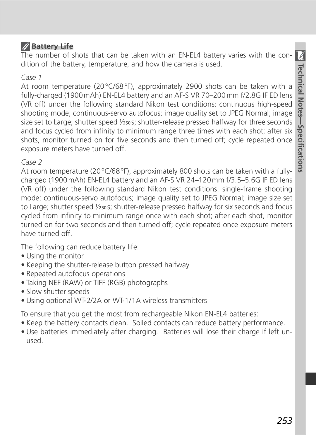 Nikon D2Hs manual 253, Battery Life 