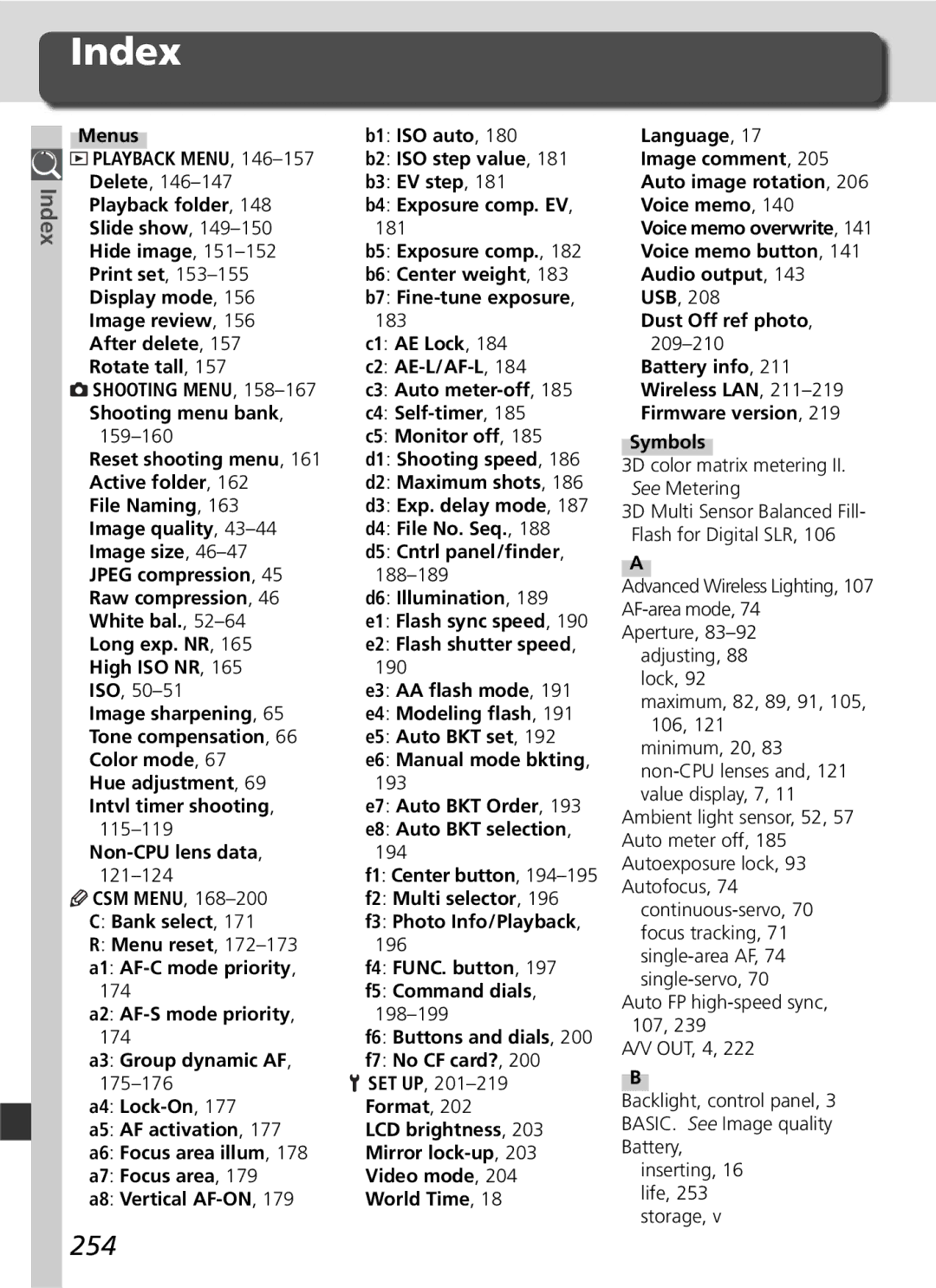 Nikon D2Hs manual Index, 254 