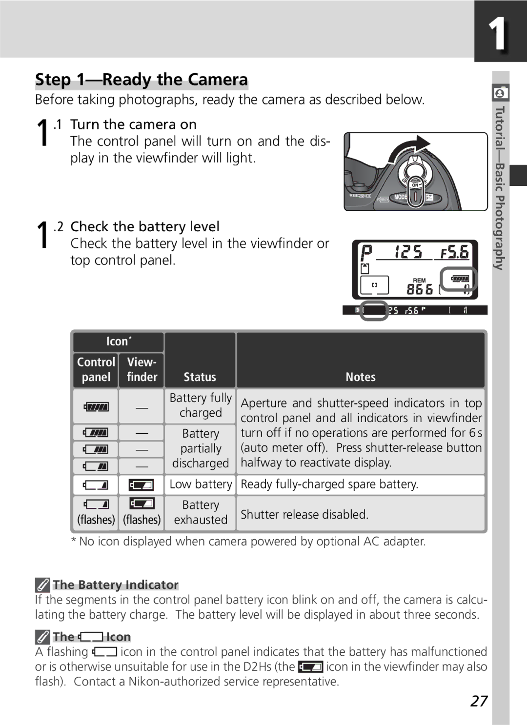 Nikon D2Hs manual Ready the Camera, Icon Control View, Charged Battery Partially Discharged, Battery Indicator 