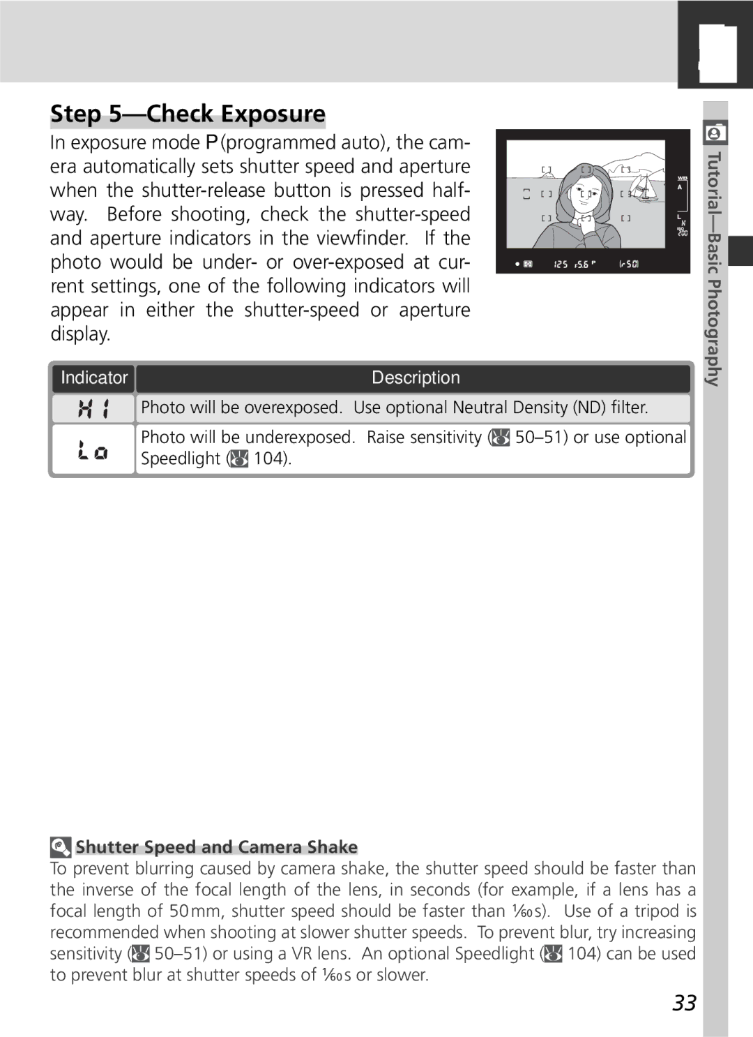 Nikon D2Hs manual Check Exposure, Indicator, Shutter Speed and Camera Shake 