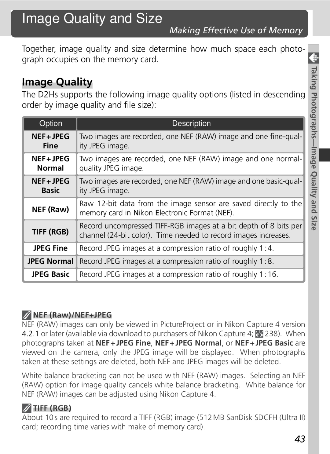 Nikon D2Hs manual Image Quality and Size, Making Effective Use of Memory, NEF Raw/NEF+JPEG 