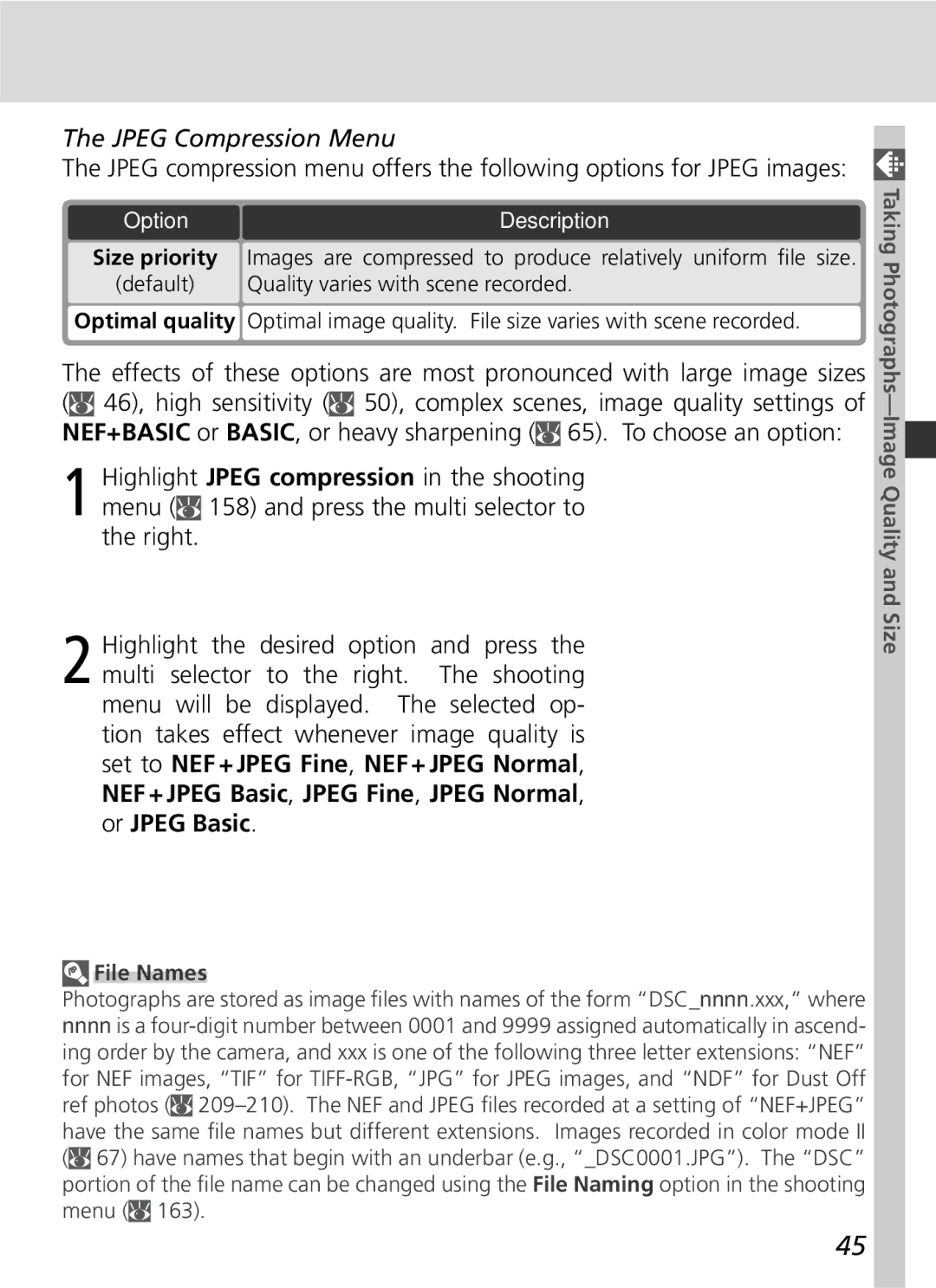 Nikon D2Hs manual Jpeg Compression Menu, Quality varies with scene recorded, File Names 