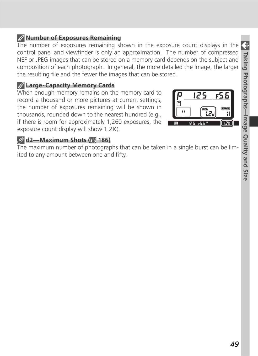 Nikon D2Hs manual Number of Exposures Remaining, Large-Capacity Memory Cards 