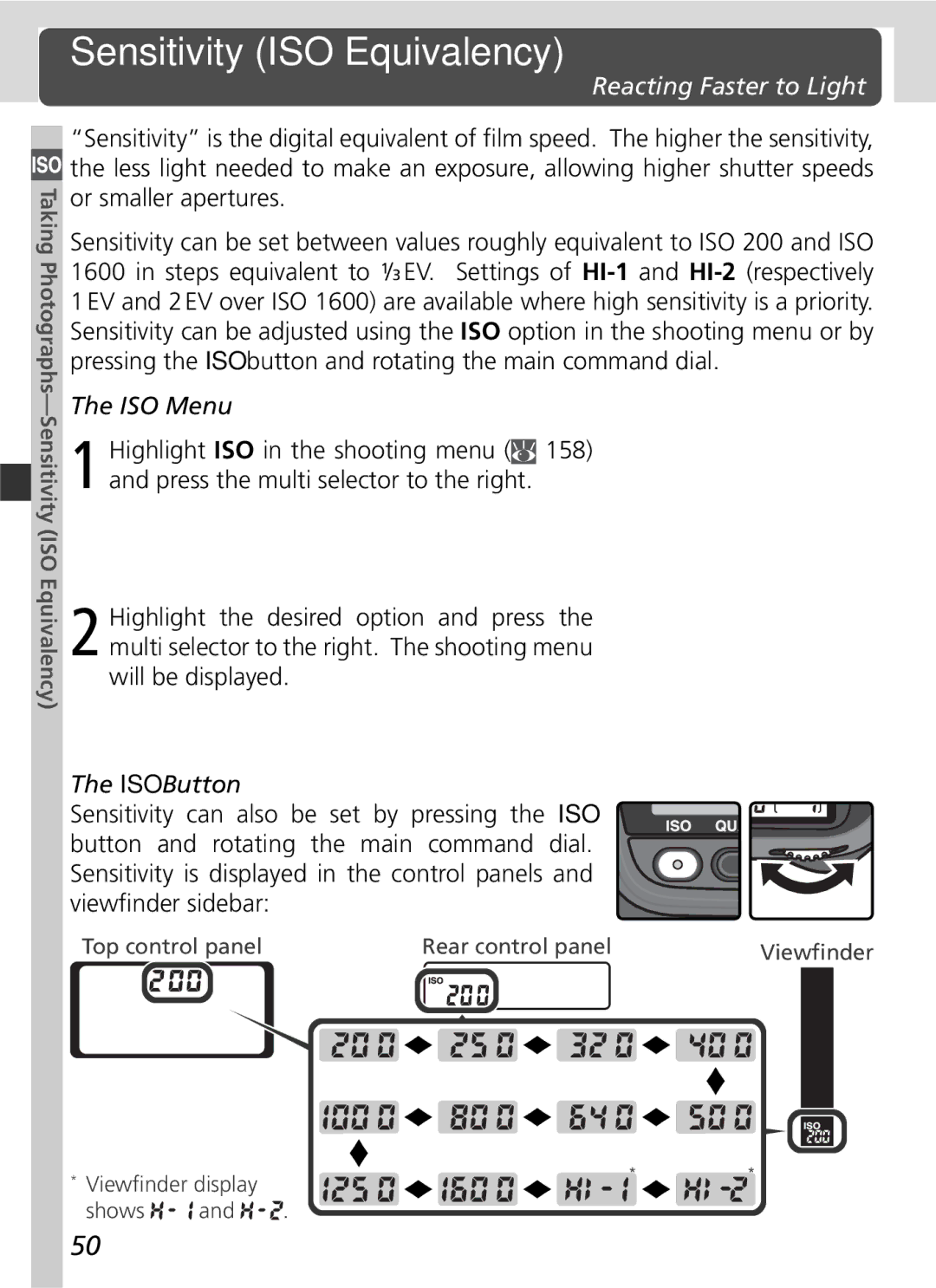 Nikon D2Hs manual Sensitivity ISO Equivalency, Reacting Faster to Light, ISO Menu, ISO Button 